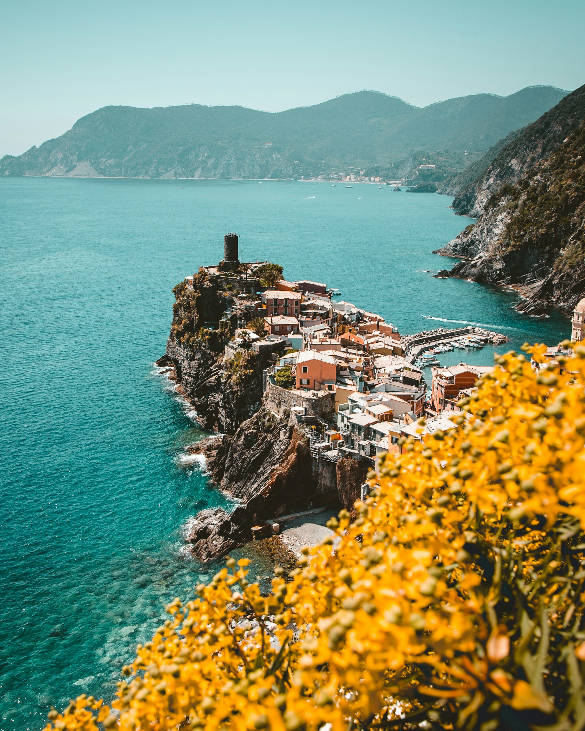 Pastel houses above the sea on the Amalfi Coast